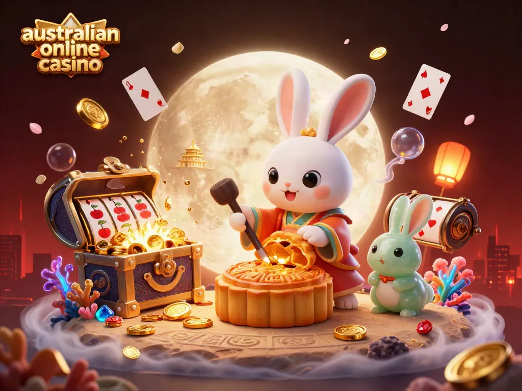 Experience vibrant Australian online casino action with a moon rabbit and poker chips.