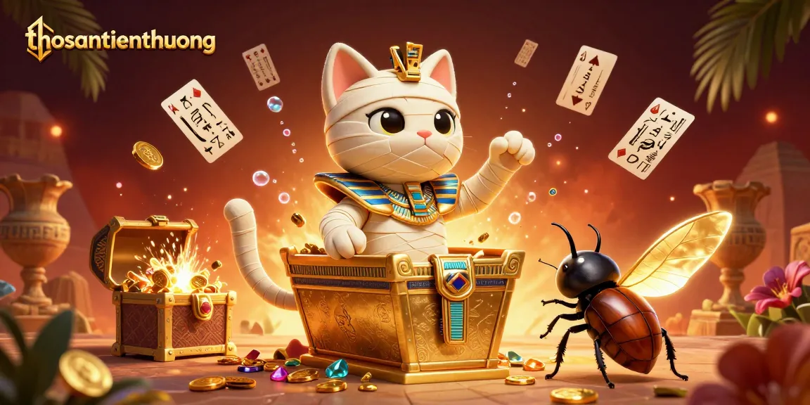 Engage with thosantienthuong's thrilling 3D casino illustration featuring an Egyptian mummy cat and vibrant games.
