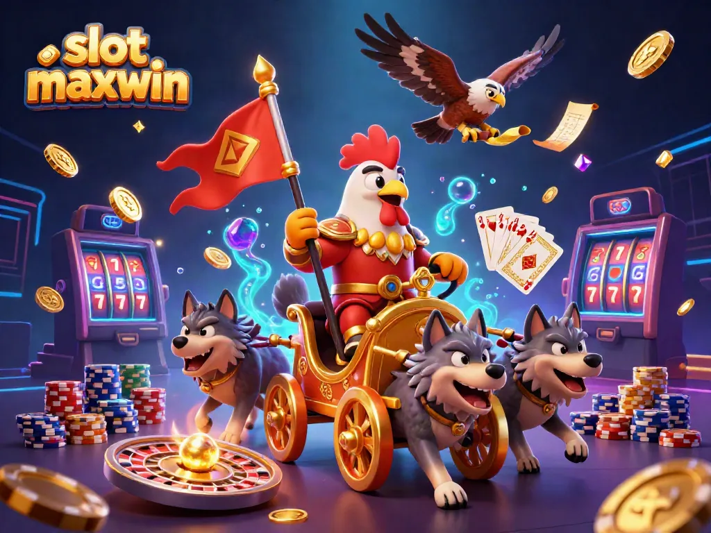 Experience thrilling gameplay in 'slot maxwin' with vibrant characters, sparkling coins, and a golden chariot.