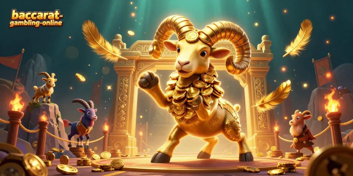 Baccarat-gambling-online features a dynamic 3D illustration of a golden ram charging through a casino-inspired arena.