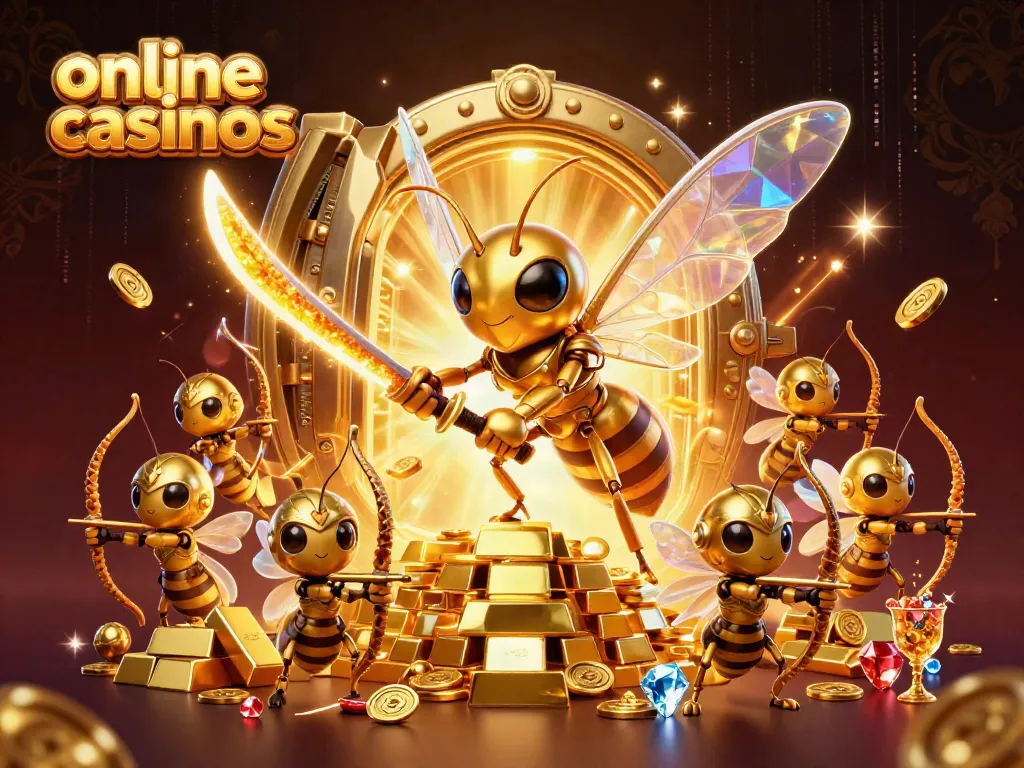 Engaging scene depicting a giant golden hornet in samurai armor and bee archers celebrating riches at online casinos.