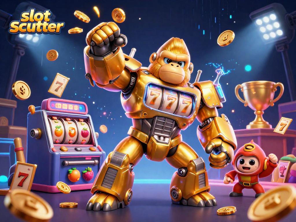 Experience the excitement of slot scatter with a vibrant 3D illustration of a golden gorilla mech and dynamic game elements.