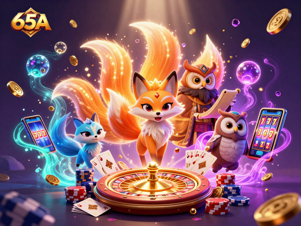 Ganhe com 65A no cassino virtual com uma ilustração 3D cheia de energia e prêmios cintilantes.