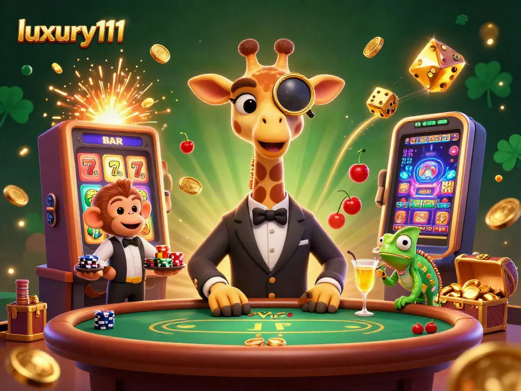 Luxury111 captures a vibrant casino scene with a giraffe and friends at a high-stakes poker table.
