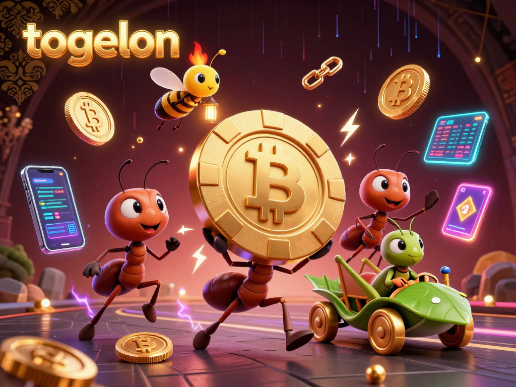 Togelon team of ants carrying a giant poker chip in a theft, highlighted by vibrant crypto elements.