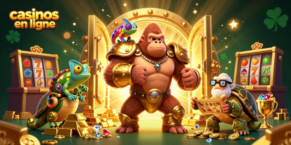 Illustration dynamique de casinos en ligne avec un roi gorille puissant en armure dorée et un caméléon compagnon.