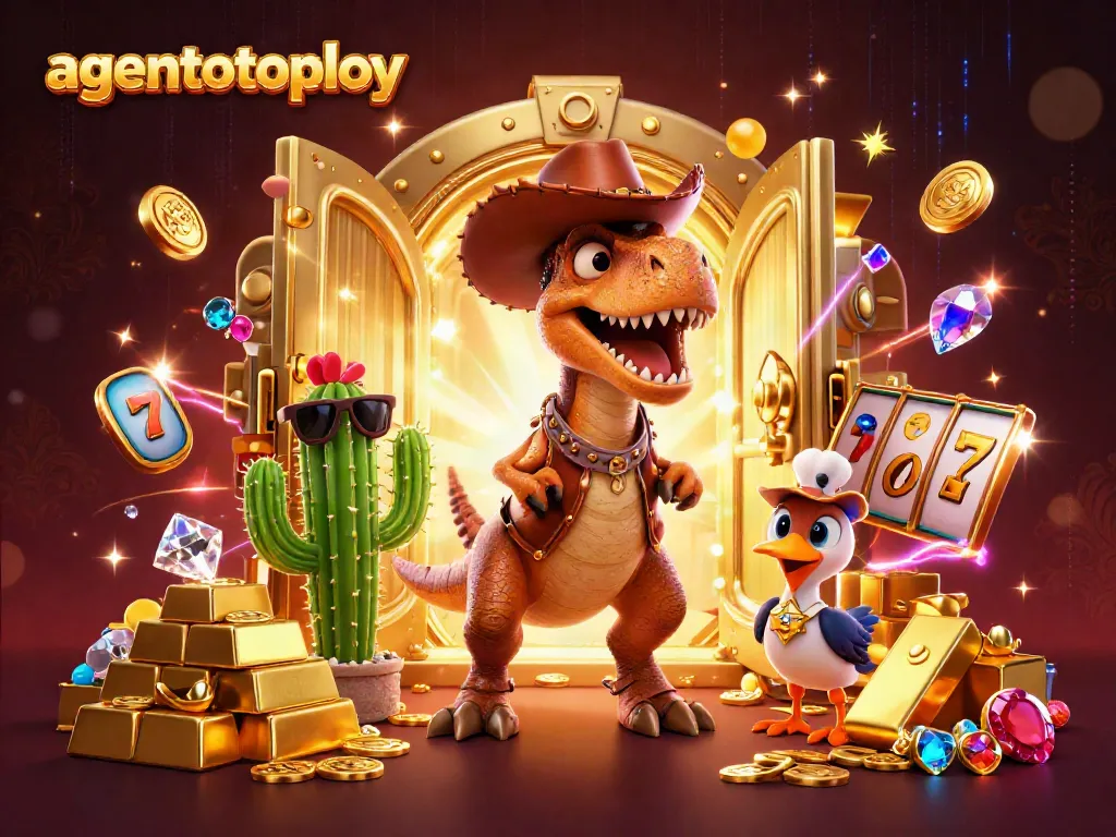Engage with agentotoplay's exciting 3D casino illustration featuring a cowboy dinosaur and vibrant slot elements.