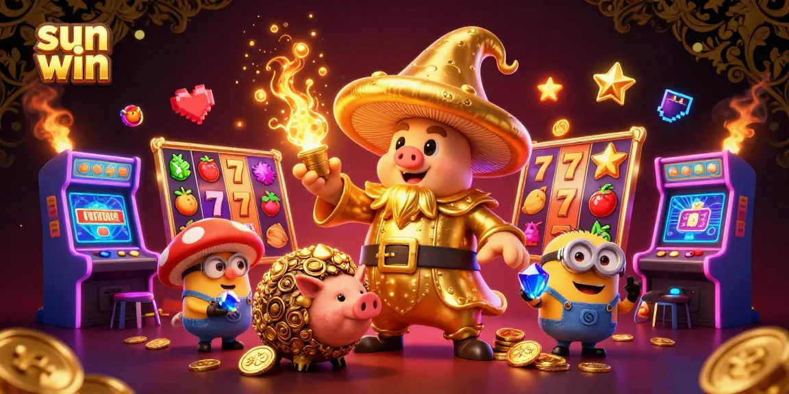 Experience the excitement of sun win with the golden mushroom wizard and vibrant slot reels in a magical casino scene.