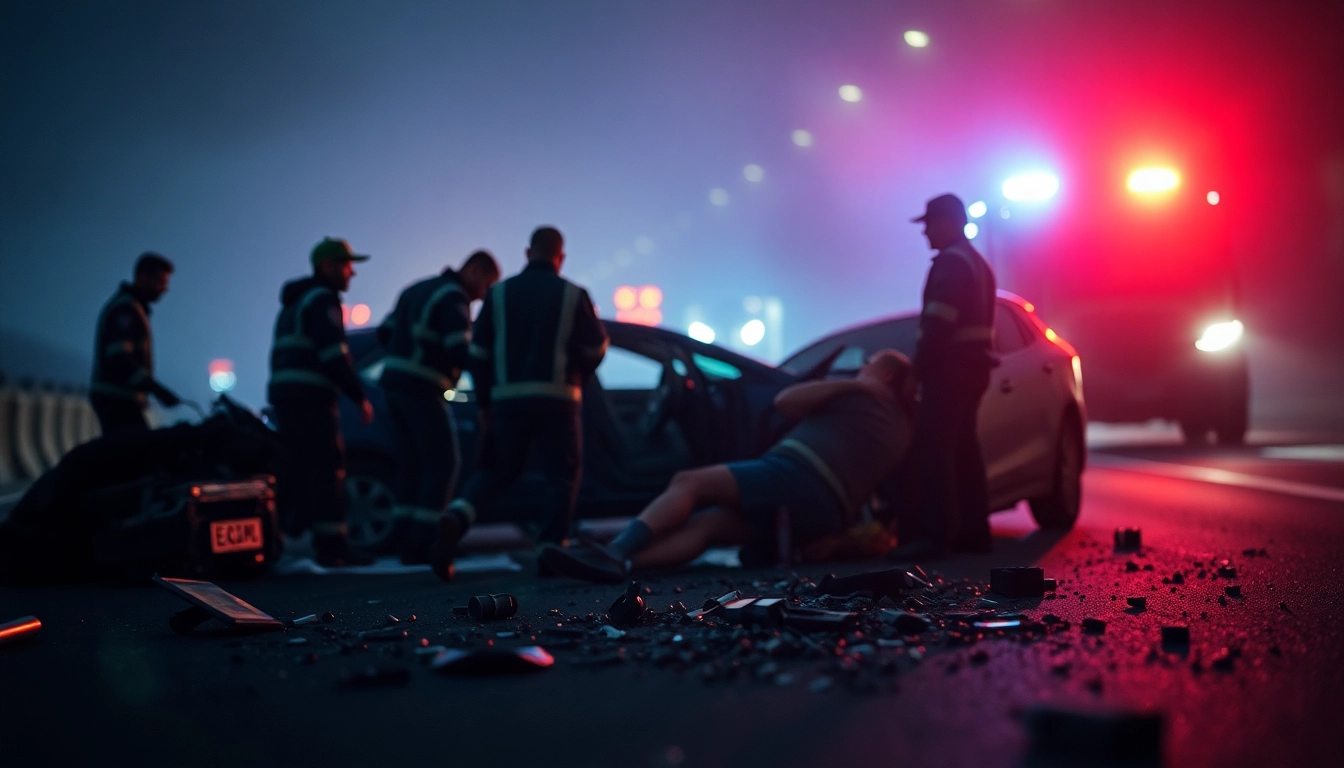 Active emergency scene from a road accident showing responders aiding victims.