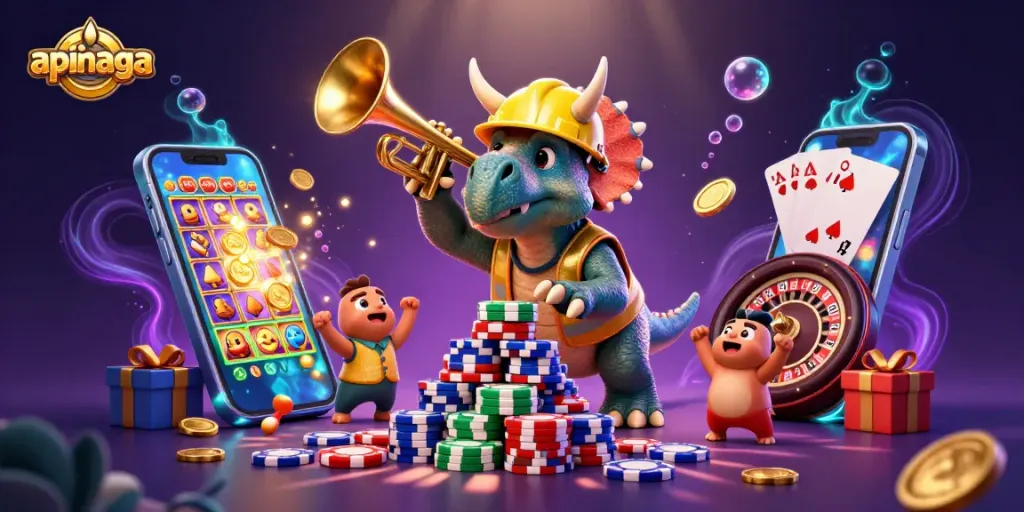 Engage with apinaga's exciting casino atmosphere featuring a triceratops and dynamic game elements.