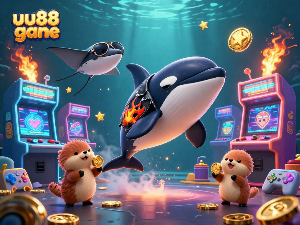 Experience adventure with uu88 gane as a biker orca, cool stingray, and otters amidst vibrant arcade elements.