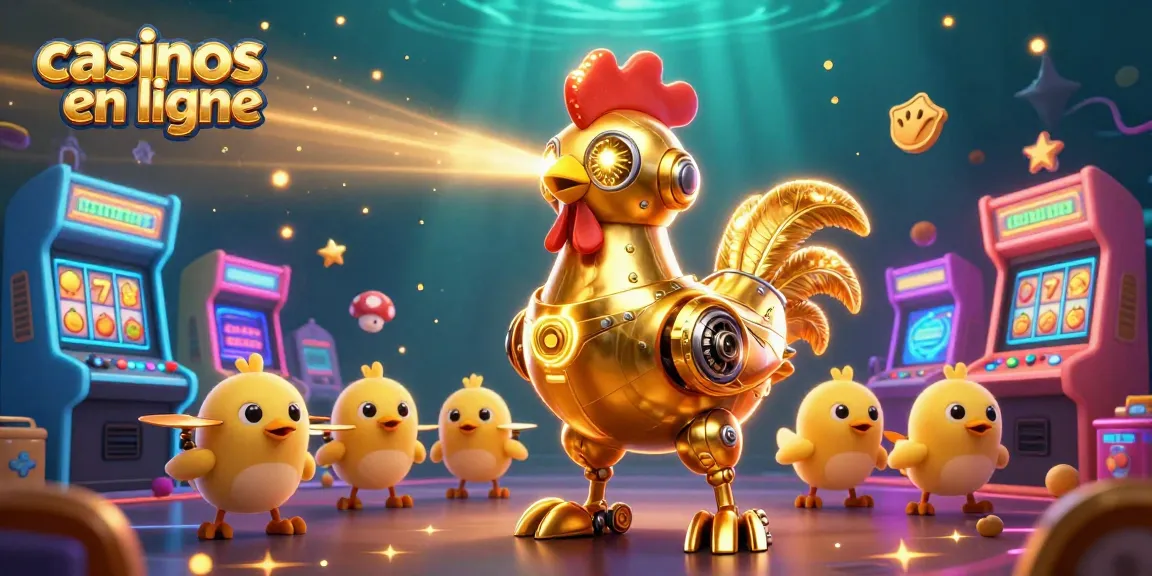 Découvrez les casinos en ligne avec un robot coq futuriste entouré de machines colorées.