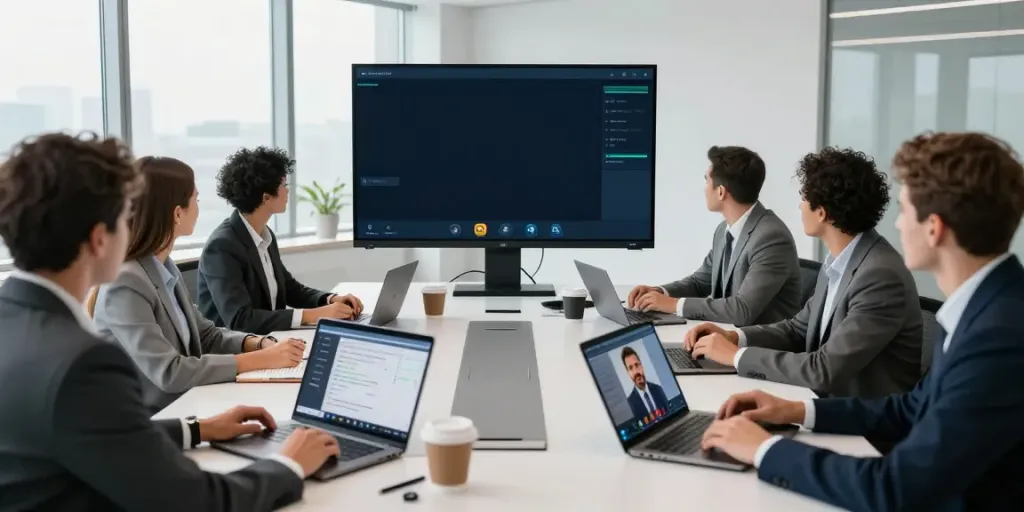 Deepfake protected meetings held in a modern office with a virtual interface showcasing security features.