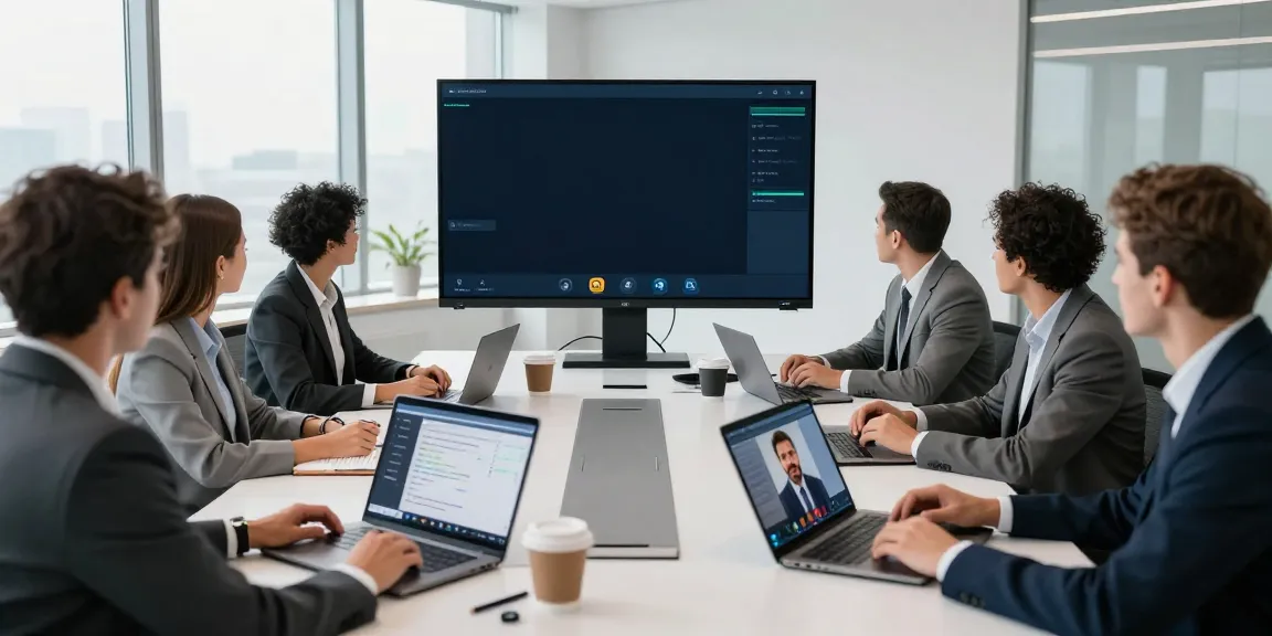 Deepfake protected meetings held in a modern office with a virtual interface showcasing security features.