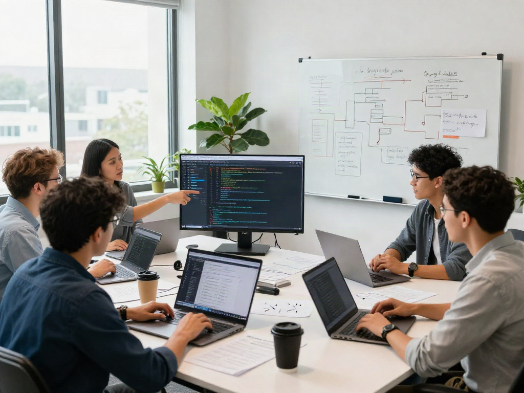 Team collaborating on document fraud detection software with laptops and AI results in a modern office.