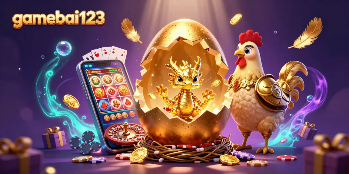 Win big with gamebai123 as a golden baby dragon emerges from a poker chip nest!