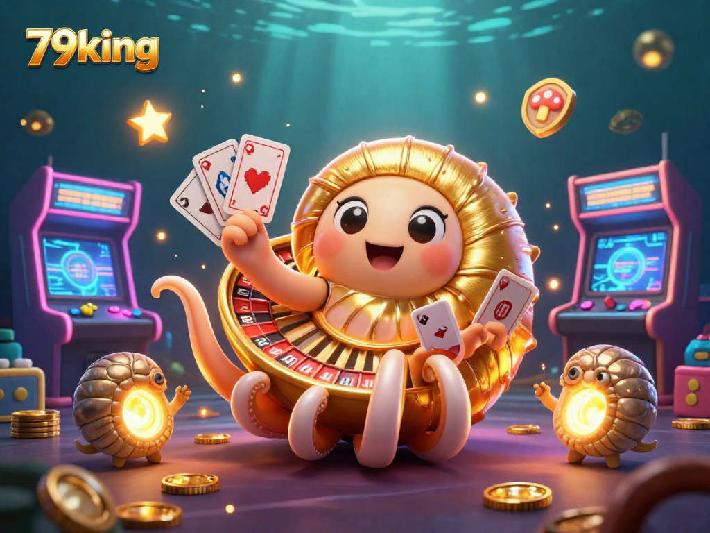 Experience the thrill of 79king with a vibrant casino scene featuring a giant nautilus roulette wheel.
