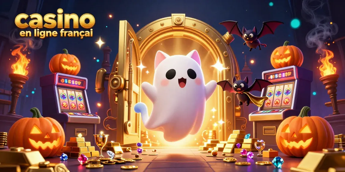Illustration d'un casino en ligne français avec un chat fantôme, une chauve-souris et des objets de jeu lumineux.