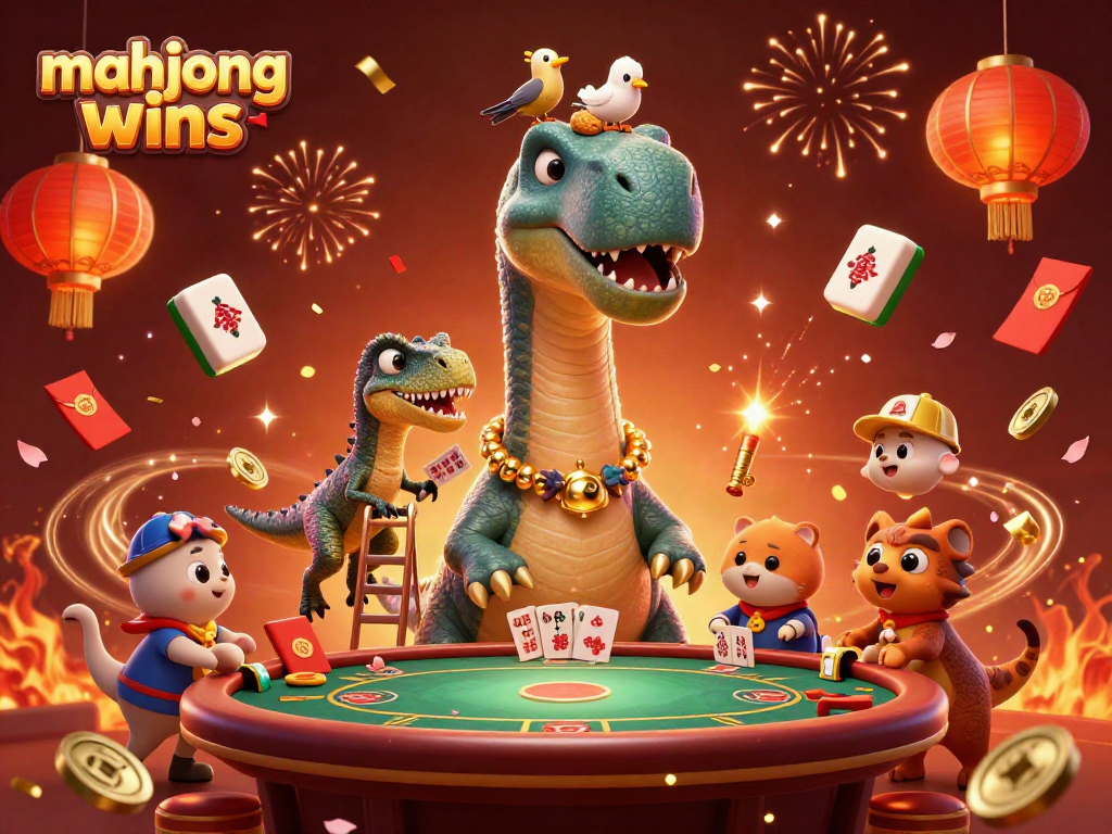 Experience mahjong wins with a vibrant 3D casino scene featuring a brontosaurus and a clever raptor.