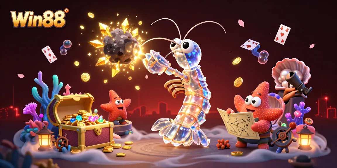 Win88 elevates your gaming with a galactic samurai mantis shrimp battling through a treasure-filled asteroid field.