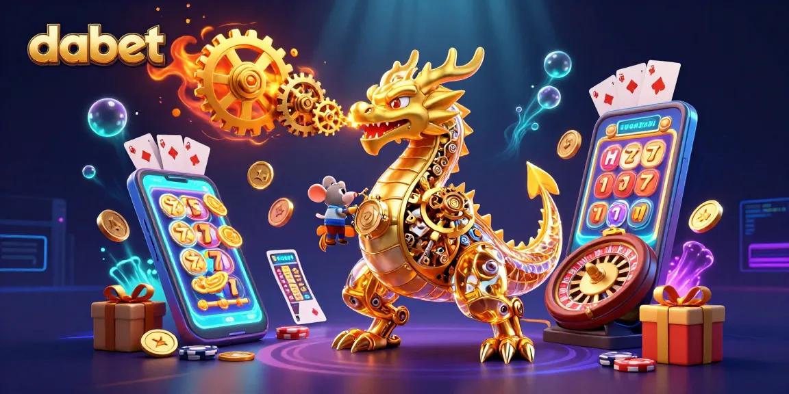 Dabet offers an exciting experience with a golden dragon, vibrant slot games, and casino elements.