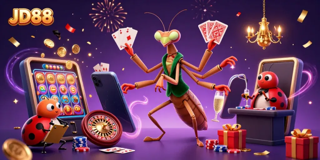 Experience thrilling gambling with JD88 in an energetic casino scene featuring unique characters and vibrant game elements.