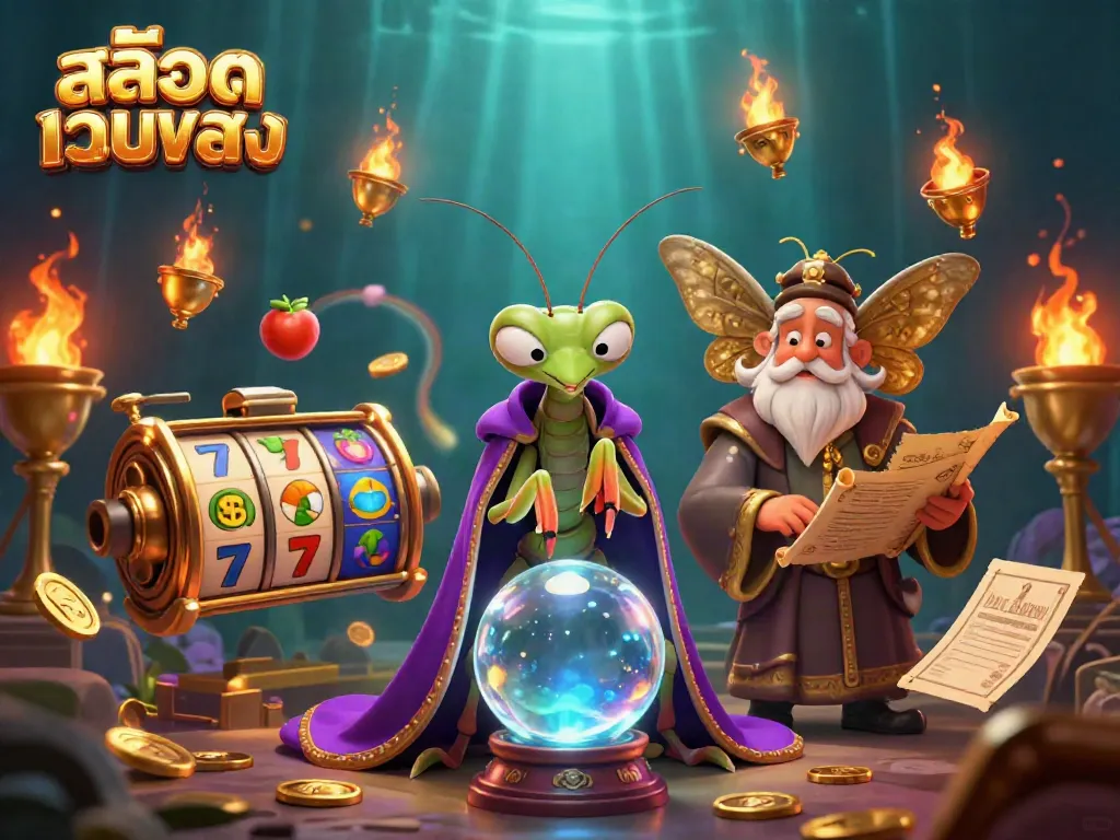 Spin through สล็อตเว็บตรง thrills with a mystical scene featuring cartoon characters and slot elements.
