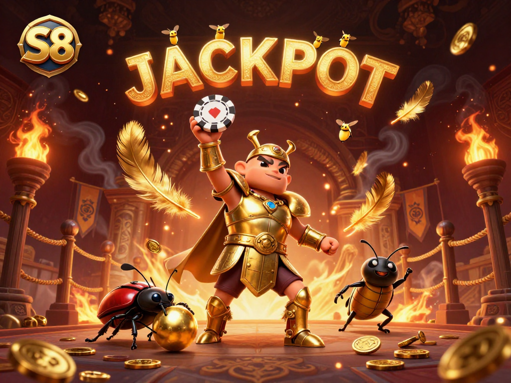 S8 players celebrate a victory with a beetle in golden armor lifting a poker chip in a lively casino scene.