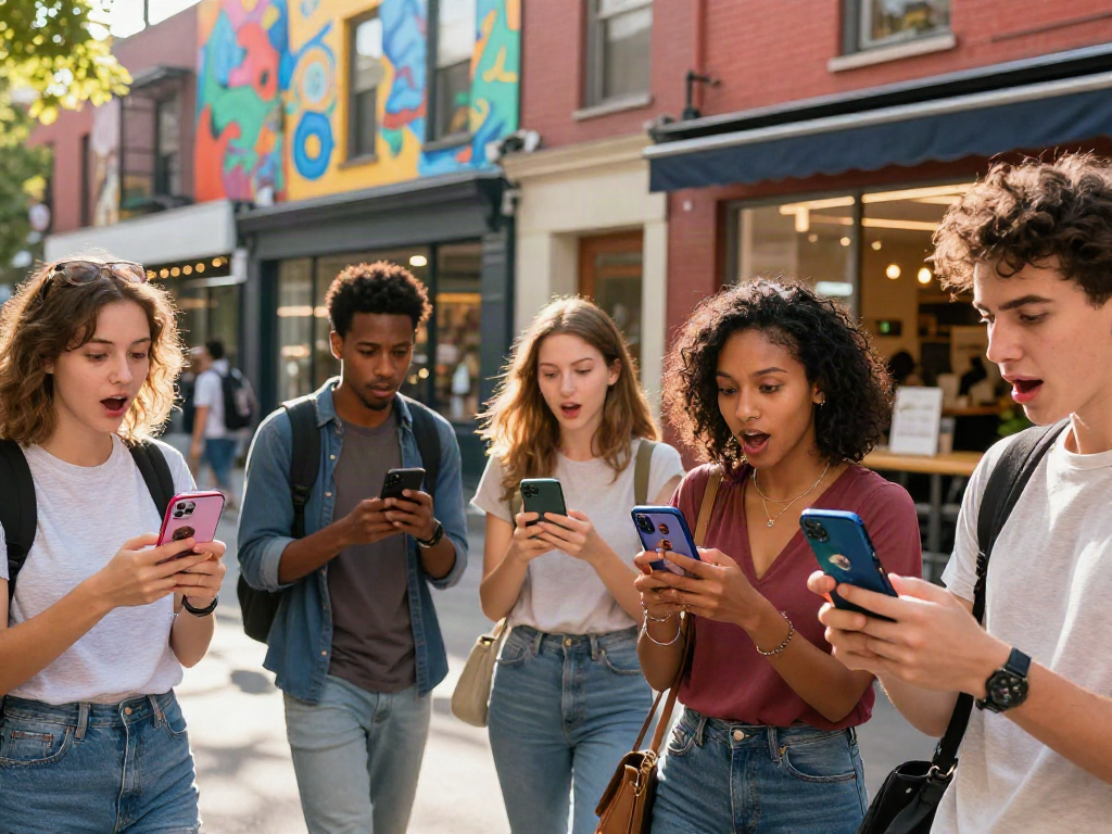 People discovering who they look like a celebrity while using facial recognition apps in a lively urban setting.