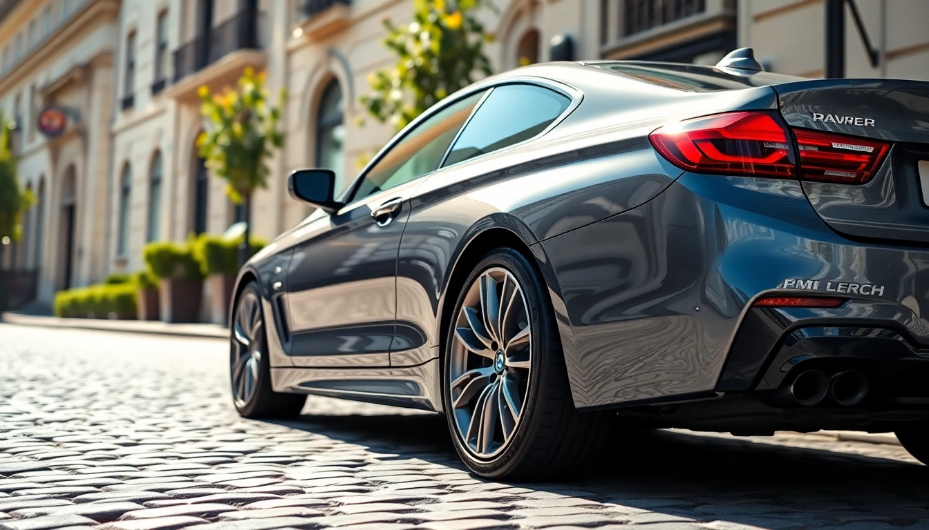 Showcase a Luxury BMW car showcasing its sleek design and luxury features in an upscale urban setting.