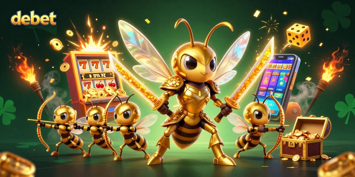 Join the debet gaming adventure with golden hornet characters surrounded by jackpot symbols and casino elements.