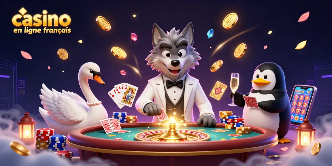 Jouer au casino en ligne français avec un loup élégant, un cygne et un pingouin, entourés de richesses.