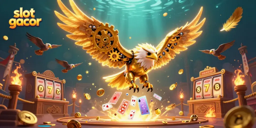 Slot gacor menampilkan elang emas cybernetic dalam aksi, dikelilingi simbol slot berkilau.
