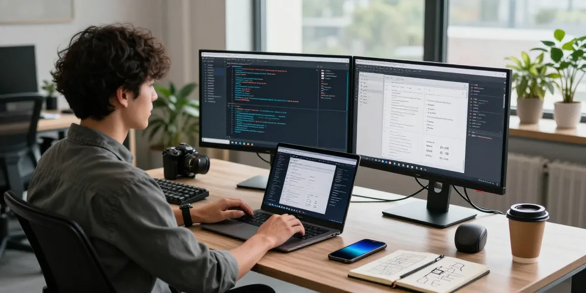 WPS开发环境，程序员在现代办公桌前工作，屏幕上显示代码和应用设计，营造出高效创新的氛围。
