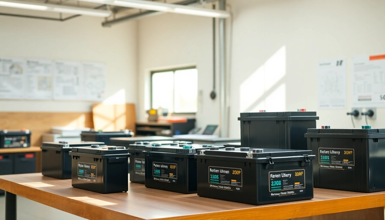 Showcase of lithium RV batteries highlighting features in a workshop setting with natural lighting.