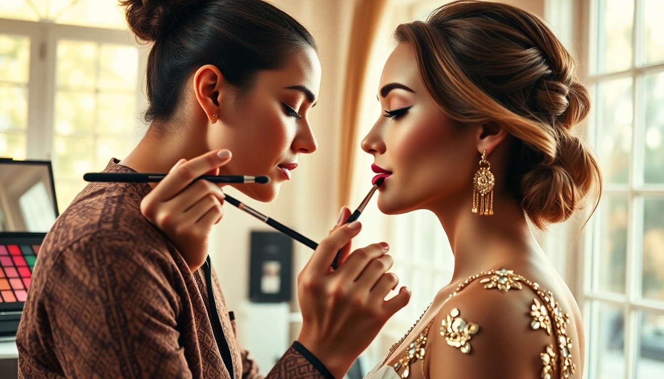 Applying HD makeup application Dallas with precision in a bright studio