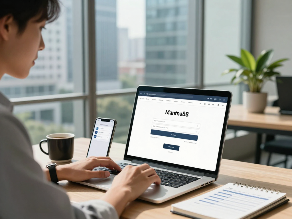 Engaging digital banking workspace with mantra88 login displayed on laptop screen.