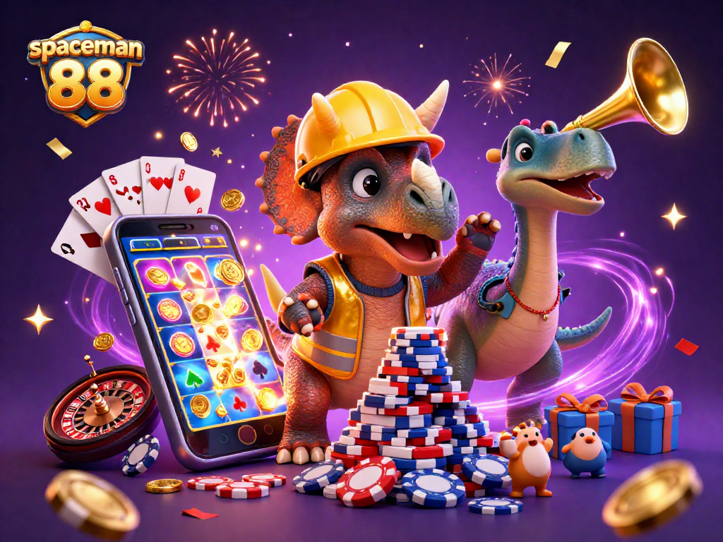 Experience the excitement of spaceman 88 with a triumphant scene of cartoon dinosaurs celebrating big slot wins.