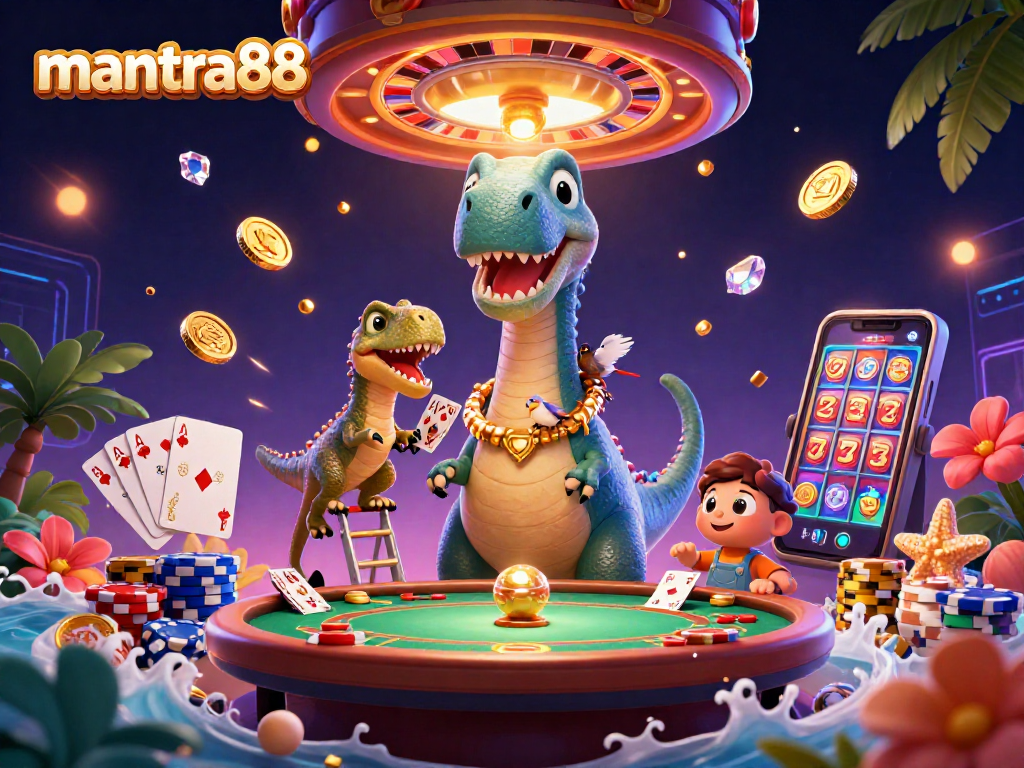 Engage in thrilling gameplay with mantra88, featuring a giant brontosaurus in a vibrant casino setting.