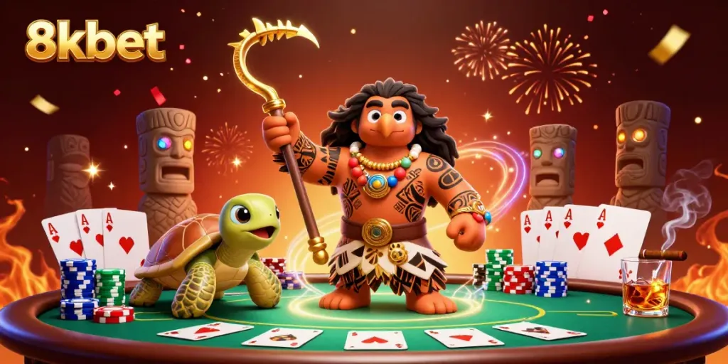 Experience thrilling poker action with 8xbet's iconic characters in a vibrant casino scene.