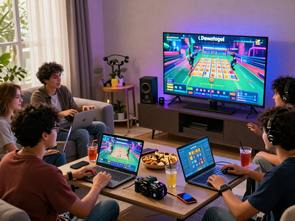 Dewatogel gaming scene with friends enjoying online lottery, vibrant atmosphere.