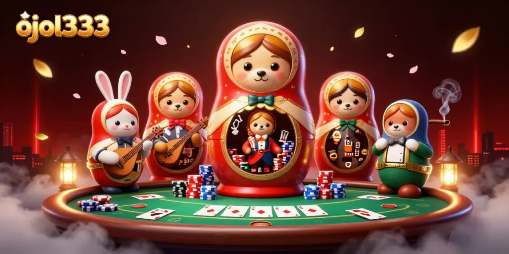 Win big with ojol333 at this vibrant casino-themed illustration featuring playful characters.