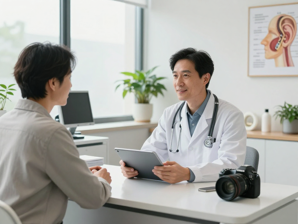 Best ENT doctor in Abu Dhabi consulting with a patient in a modern clinic.