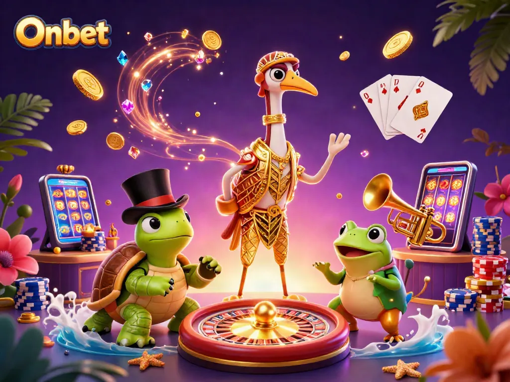Engage with Onbet's lively casino scene featuring whimsical characters celebrating wins.