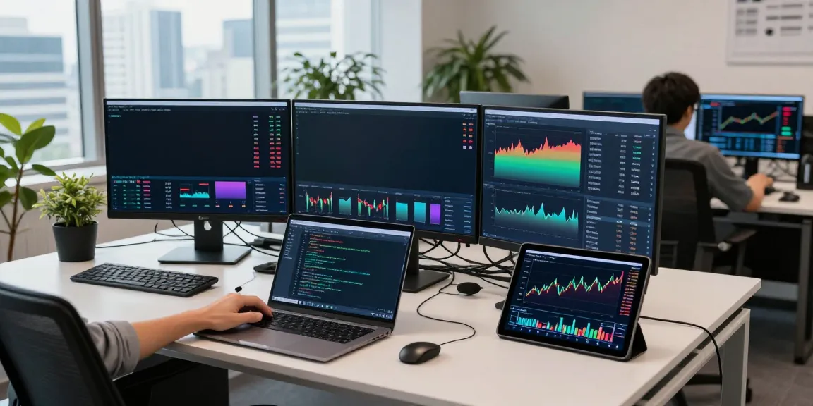 Nikkei 225 real-time API data displayed on multiple screens in a professional trading office, highlighting advanced blockchain analytics.
