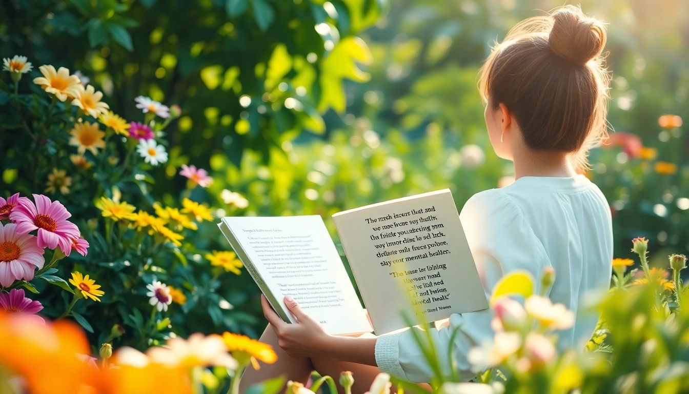 Reflect on quotes about mental health in a tranquil garden setting with sunlight.