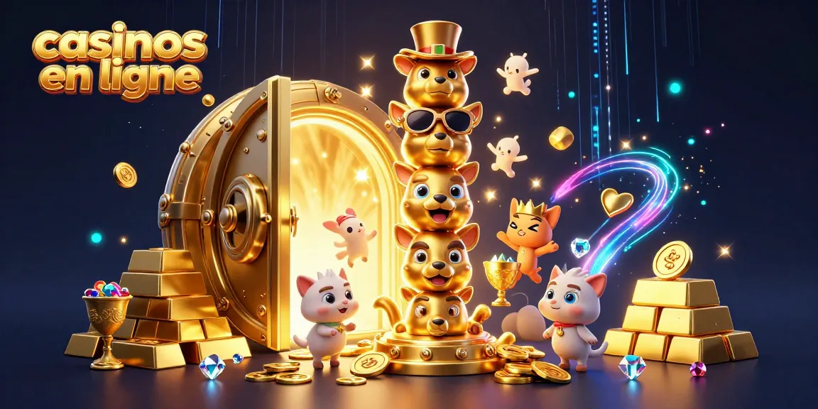 Profitez des casinos en ligne avec une illustration 3D riche en or, gemmes et animations dynamiques.