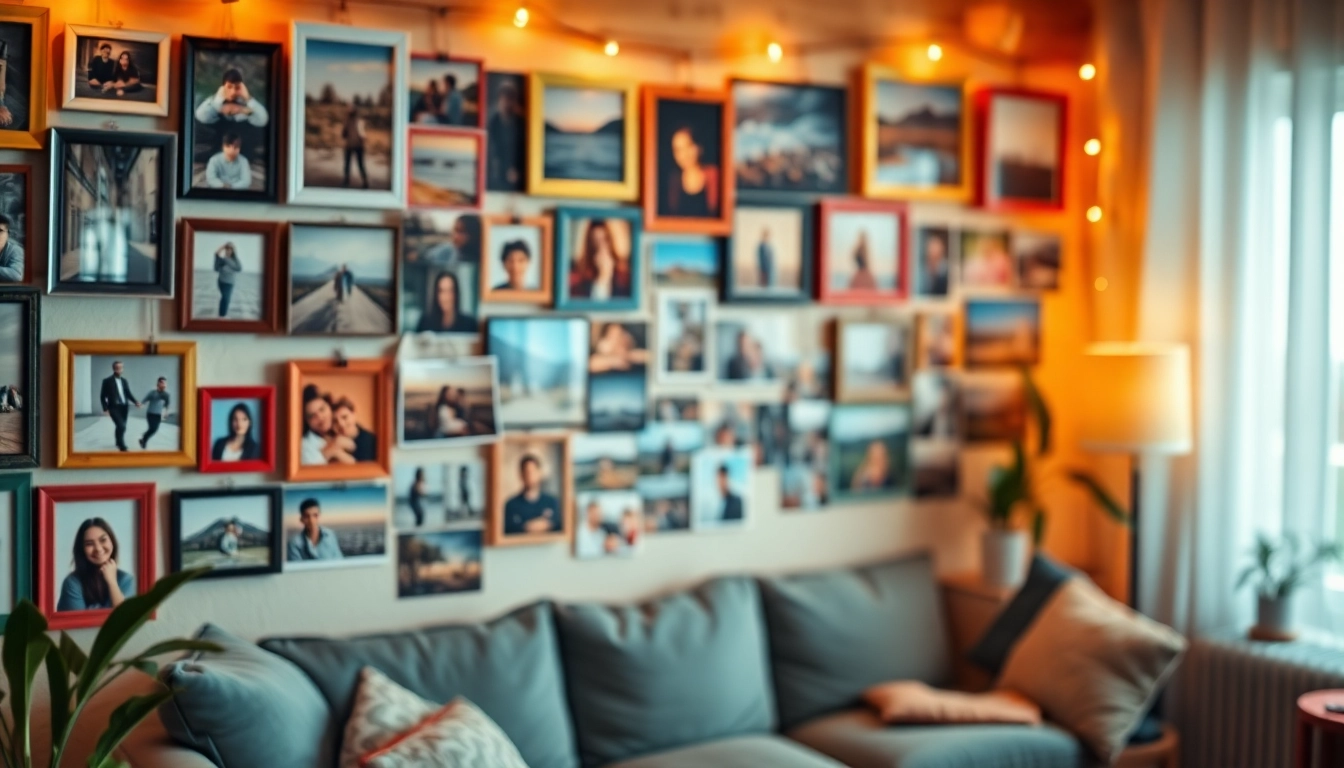 Showcase a vibrant photo wall displaying cherished memories arranged creatively for a cozy atmosphere.