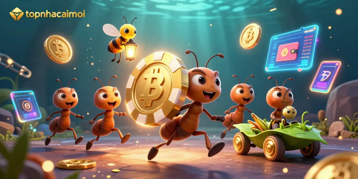 topnhacaimoi showcases a heist scene with ants carrying a giant poker chip amidst crypto elements
