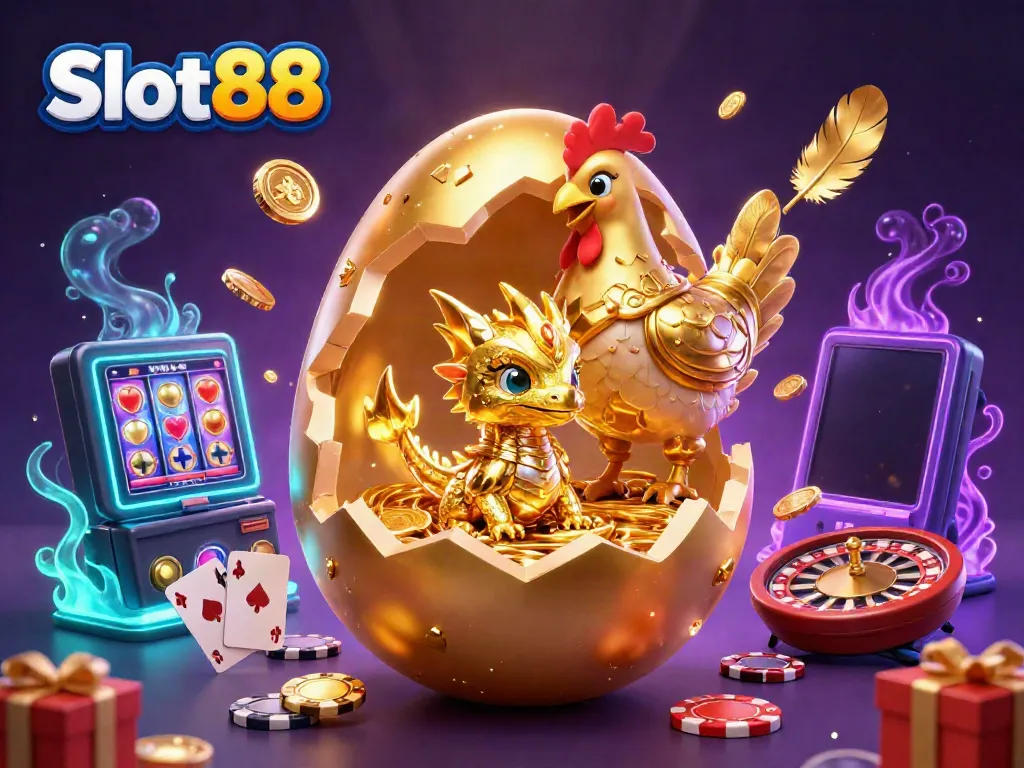 Experience thrilling Slot88 gaming with a golden baby dragon and poker chips in a vibrant casino world.